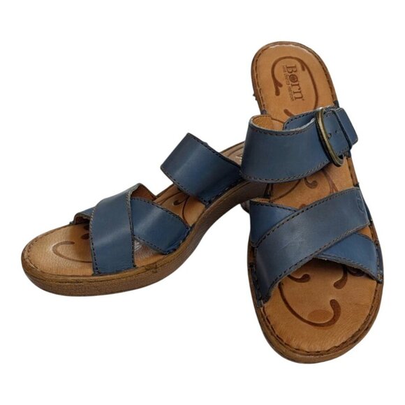 Born | Salina Sandals | Women's 10 | Blue Leather Slip-On Block Heel Adjustable - Picture 1 of 9